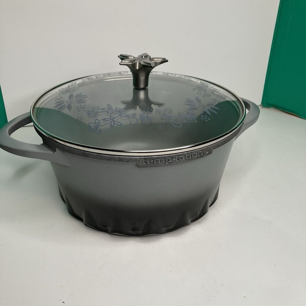 Temp-tations 5.9 Qt Round Aluminum NonStick Casserole Gray Pot With Glass Lid
